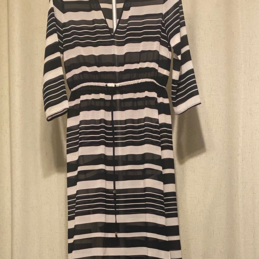 Striped Black and White Sheer style beach coverMaxi Dress with Orange Hem